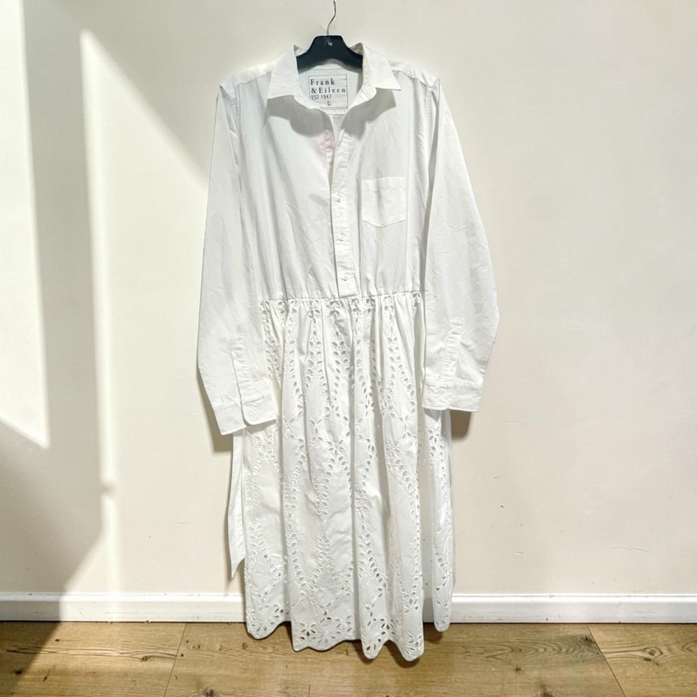Frank & Eileen Grace Eyelet Lace Midi Dress Long Sleeve Shirtdress White Large - Picture 2 of 10